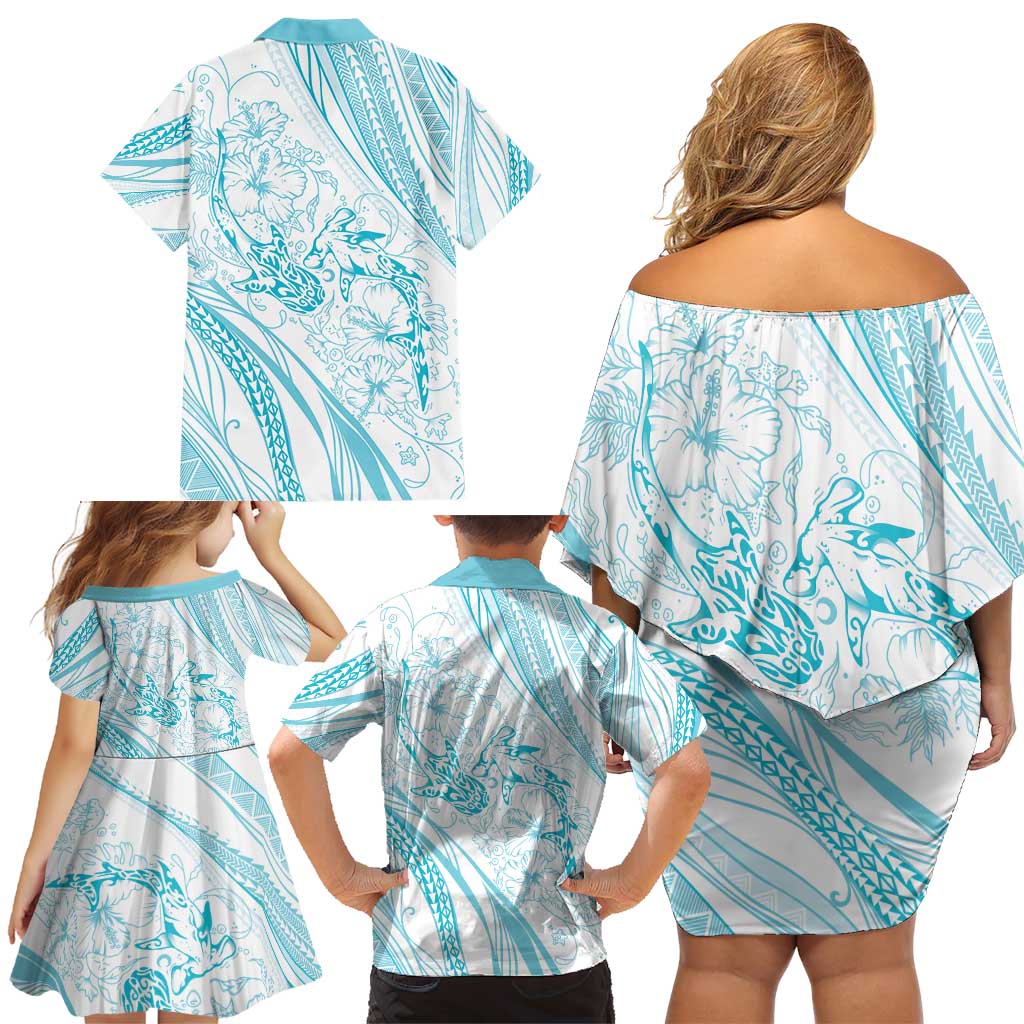 Sharks Couple Dreamy Polynesians Floral Sea Family Matching Off Shoulder Short Dress and Hawaiian Shirt Turquoise - Polynesian Pride