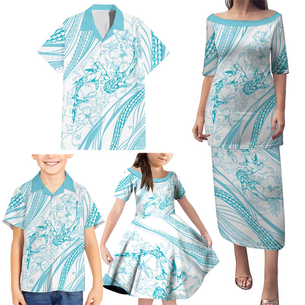 Sharks Couple Dreamy Polynesians Floral Sea Family Matching Puletasi and Hawaiian Shirt Turquoise - Polynesian Pride