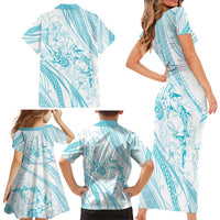 Sharks Couple Dreamy Polynesians Floral Sea Family Matching Short Sleeve Bodycon Dress and Hawaiian Shirt Turquoise - Polynesian Pride