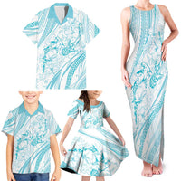 Sharks Couple Dreamy Polynesians Floral Sea Family Matching Tank Maxi Dress and Hawaiian Shirt Turquoise - Polynesian Pride