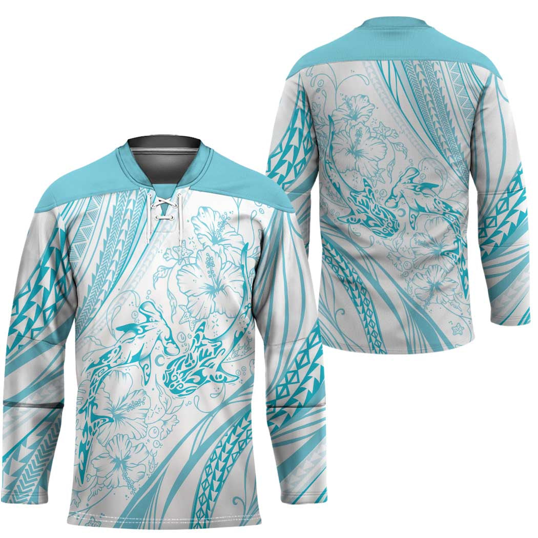 Sharks Couple Dreamy Polynesians Floral Sea Hockey Jersey Turquoise LT7 - Polynesian Pride