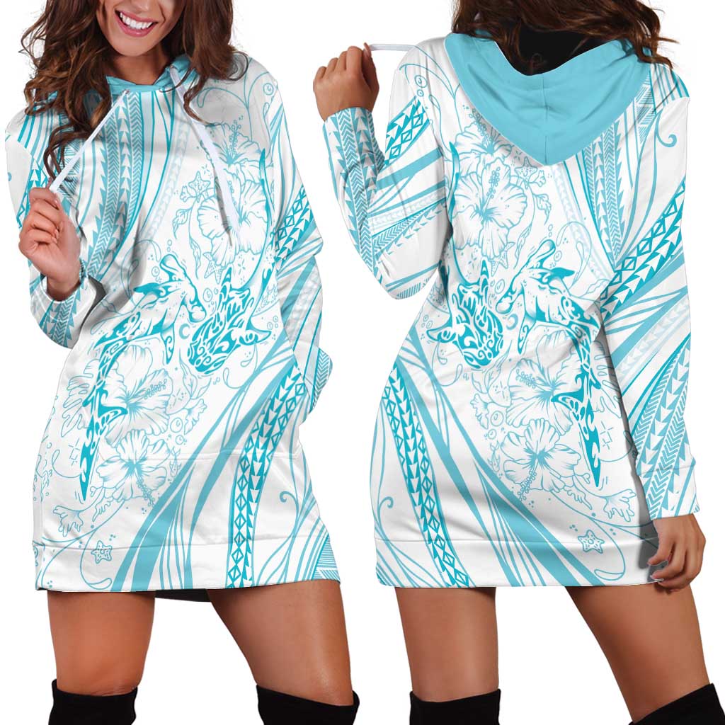 Sharks Couple Dreamy Polynesians Floral Sea Hoodie Dress Turquoise - Polynesian Pride