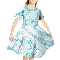 Sharks Couple Dreamy Polynesians Floral Sea Kid Short Sleeve Dress Turquoise - Polynesian Pride
