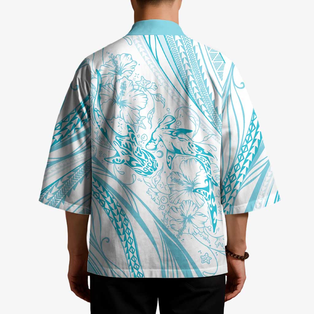 Sharks Couple Dreamy Polynesians Floral Sea Kimono Turquoise - Polynesian Pride