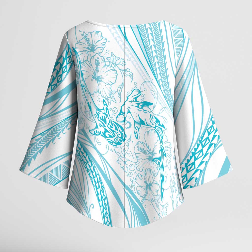 Sharks Couple Dreamy Polynesians Floral Sea Kimono Sleeve Blouse Turquoise - Polynesian Pride