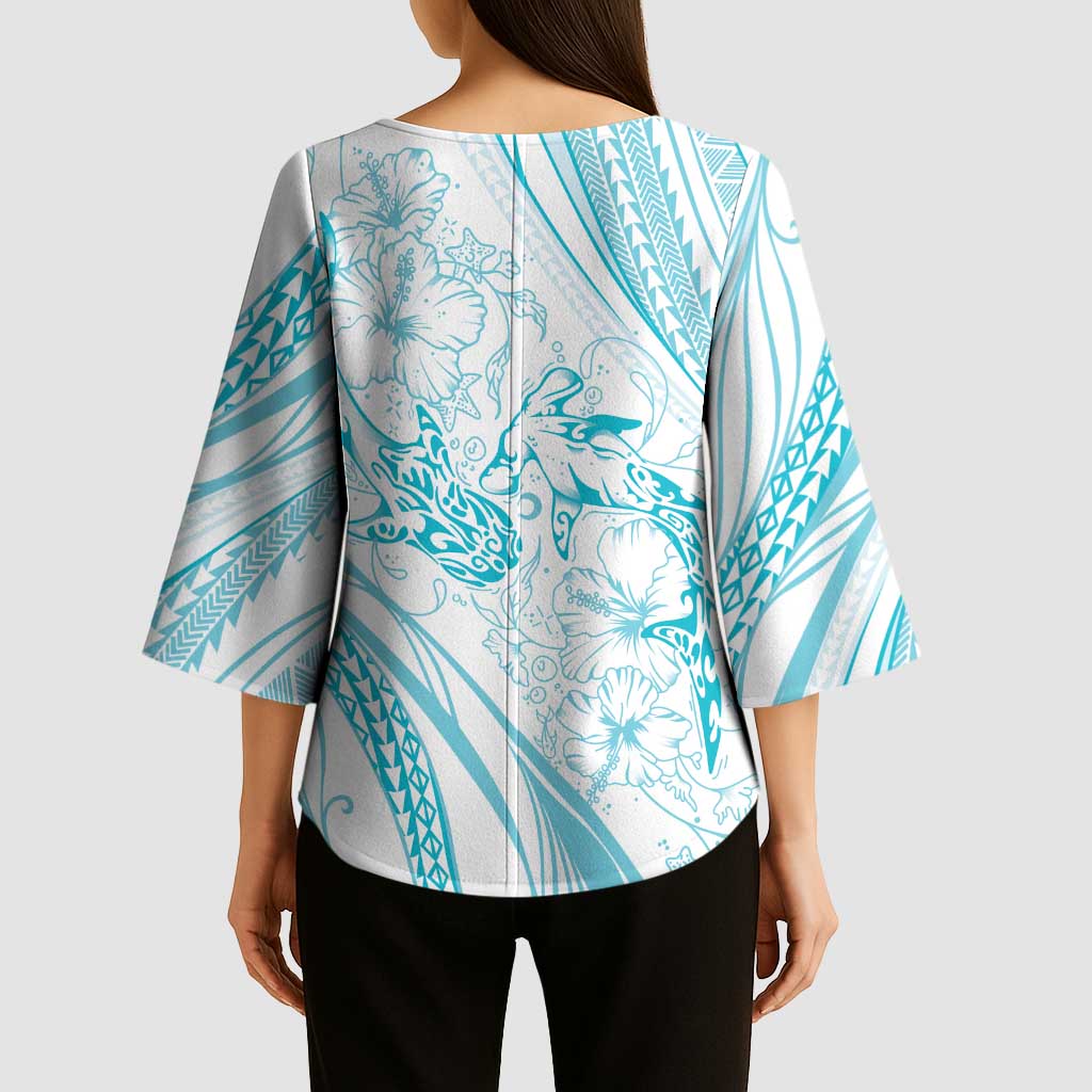 Sharks Couple Dreamy Polynesians Floral Sea Kimono Sleeve Blouse Turquoise - Polynesian Pride