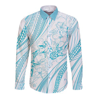 Sharks Couple Dreamy Polynesians Floral Sea Long Sleeve Button Shirt Turquoise LT7 Unisex Turquoise - Polynesian Pride