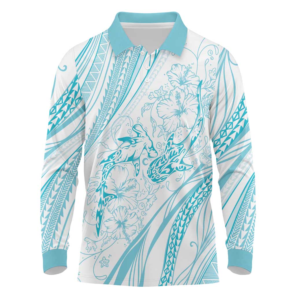 Sharks Couple Dreamy Polynesians Floral Sea Long Sleeve Polo Shirt Turquoise - Polynesian Pride