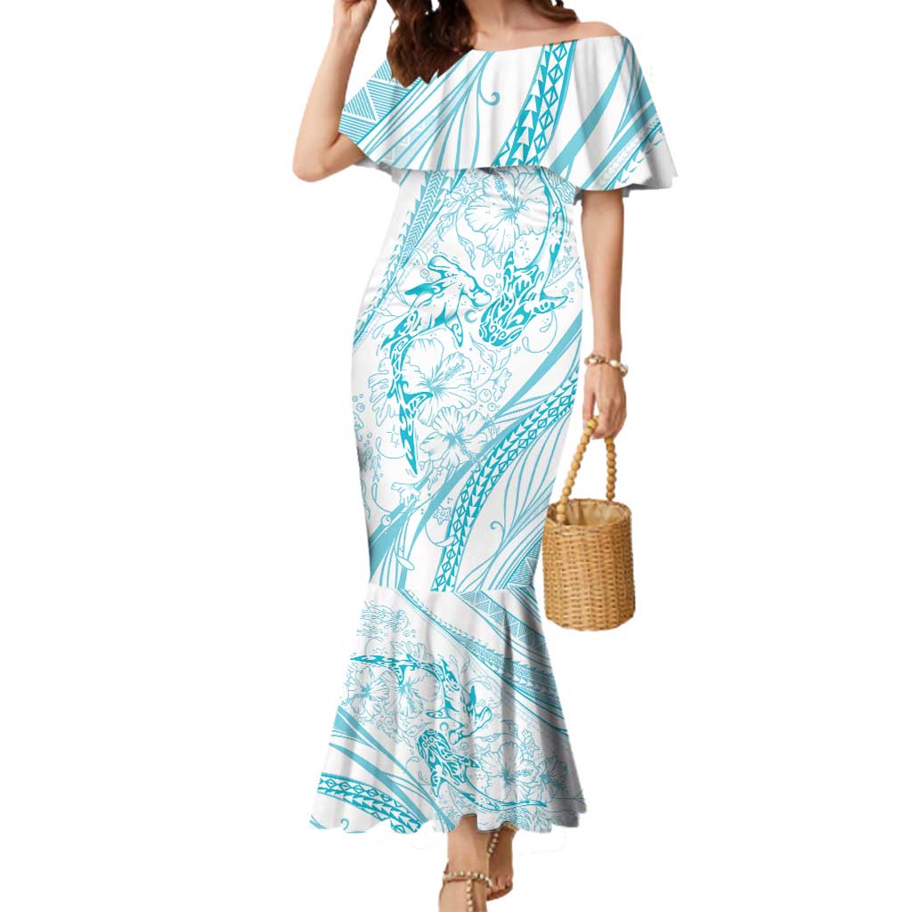 Sharks Couple Dreamy Polynesians Floral Sea Mermaid Dress Turquoise - Polynesian Pride