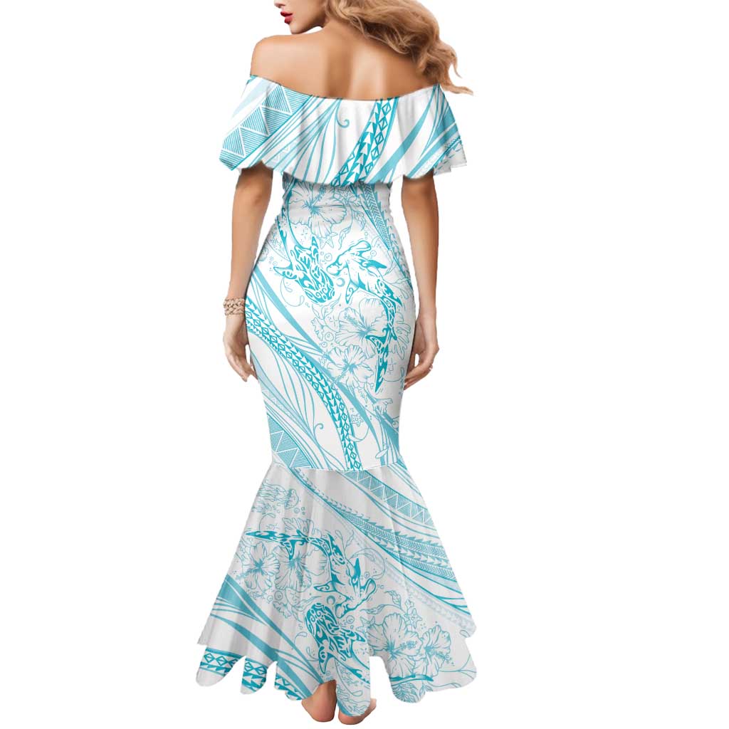 Sharks Couple Dreamy Polynesians Floral Sea Mermaid Dress Turquoise - Polynesian Pride