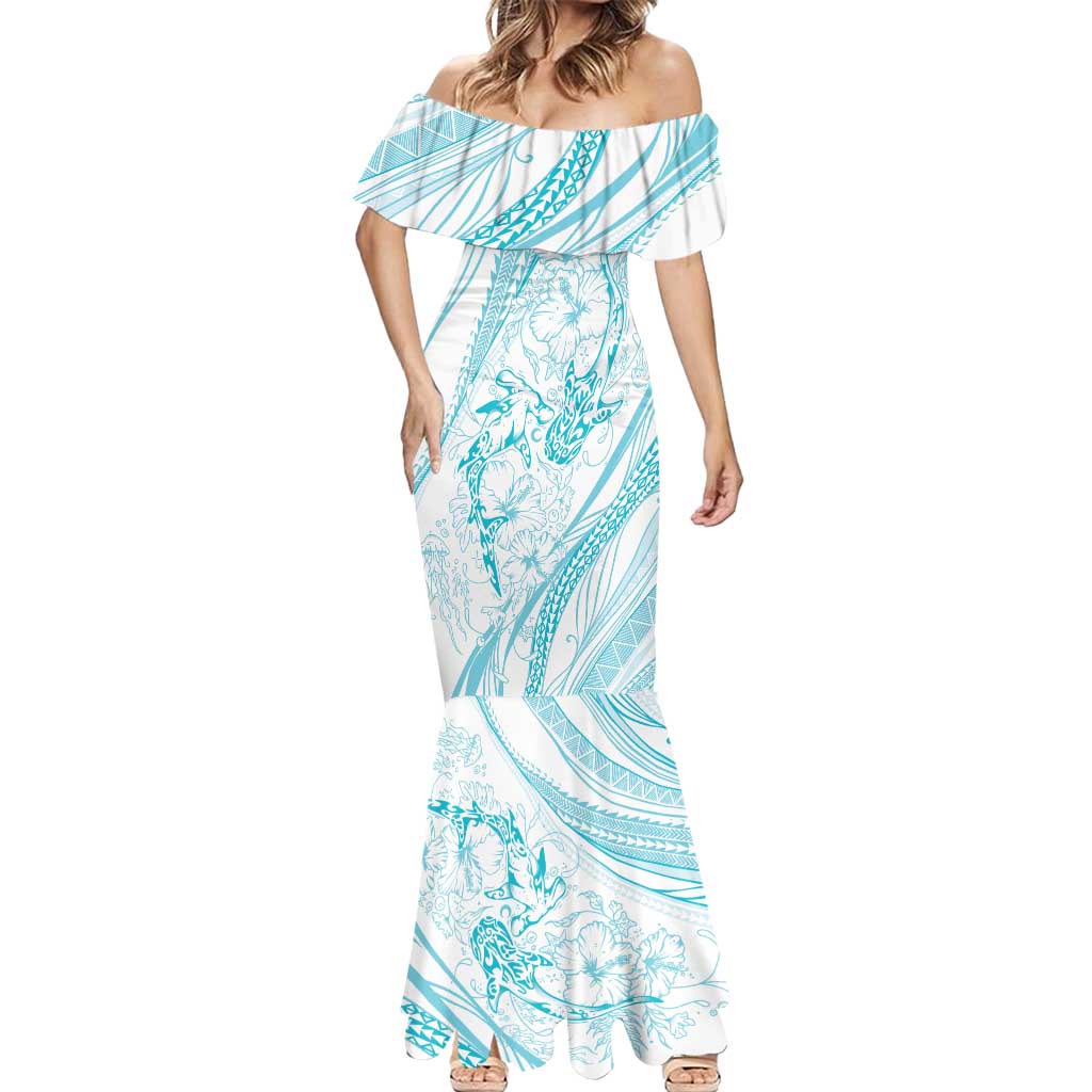 Sharks Couple Dreamy Polynesians Floral Sea Mermaid Dress Turquoise - Polynesian Pride
