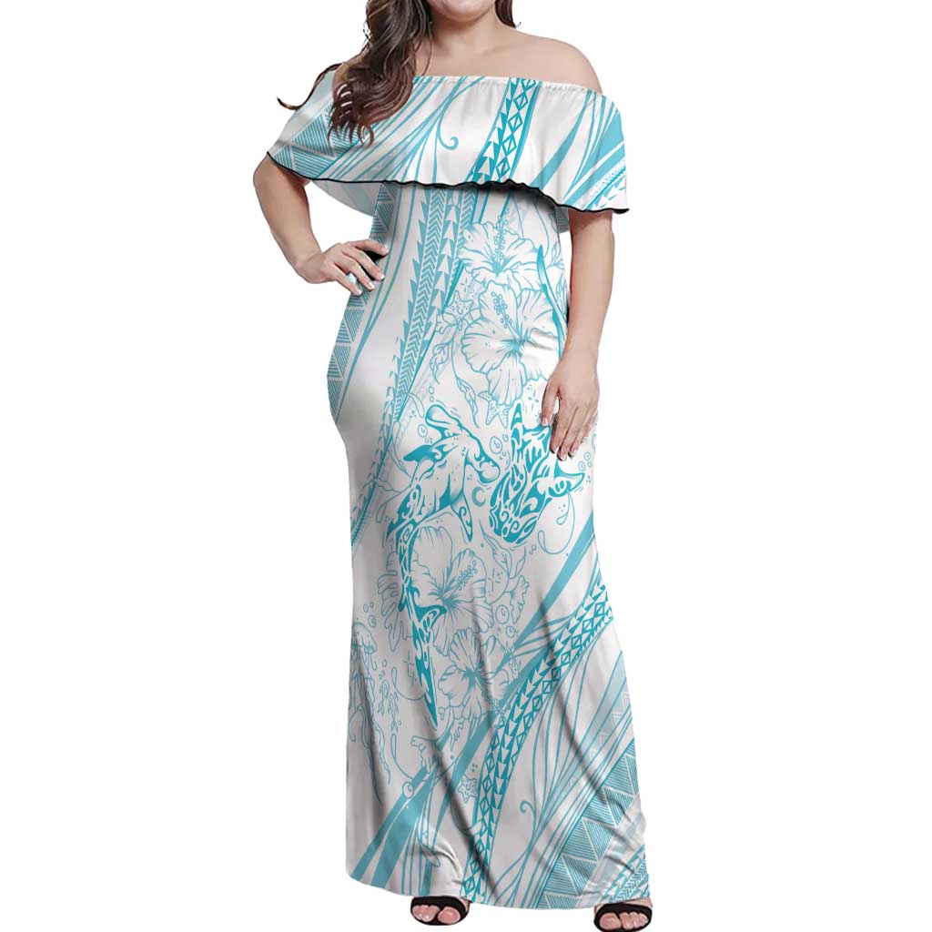Sharks Couple Dreamy Polynesians Floral Sea Off Shoulder Maxi Dress Turquoise - Polynesian Pride