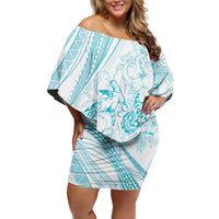 Sharks Couple Dreamy Polynesians Floral Sea Off Shoulder Short Dress Turquoise - Polynesian Pride