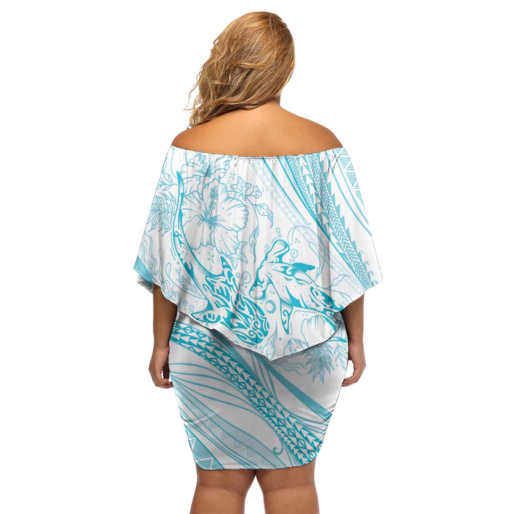 Sharks Couple Dreamy Polynesians Floral Sea Off Shoulder Short Dress Turquoise - Polynesian Pride