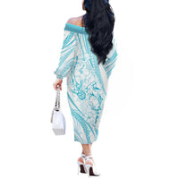 Sharks Couple Dreamy Polynesians Floral Sea Off The Shoulder Long Sleeve Dress Turquoise - Polynesian Pride