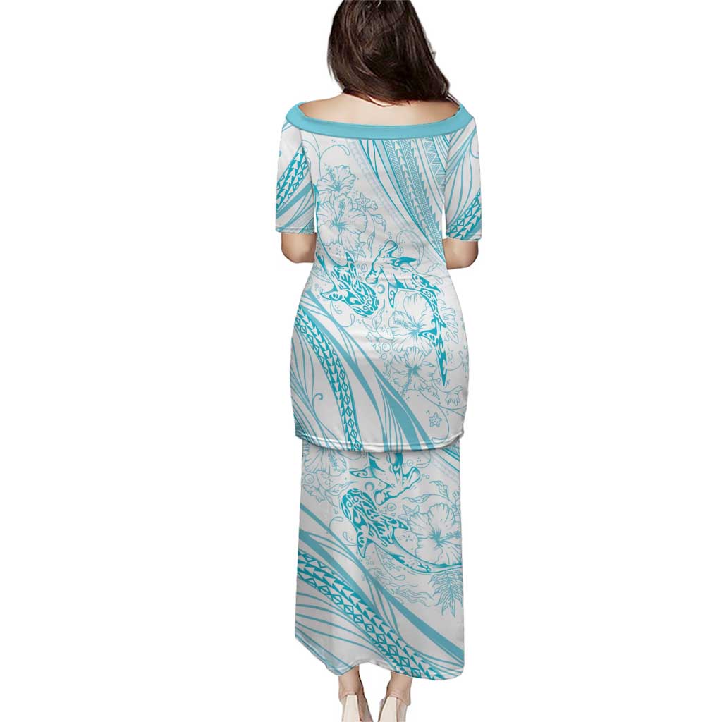 Sharks Couple Dreamy Polynesians Floral Sea Puletasi Turquoise - Polynesian Pride