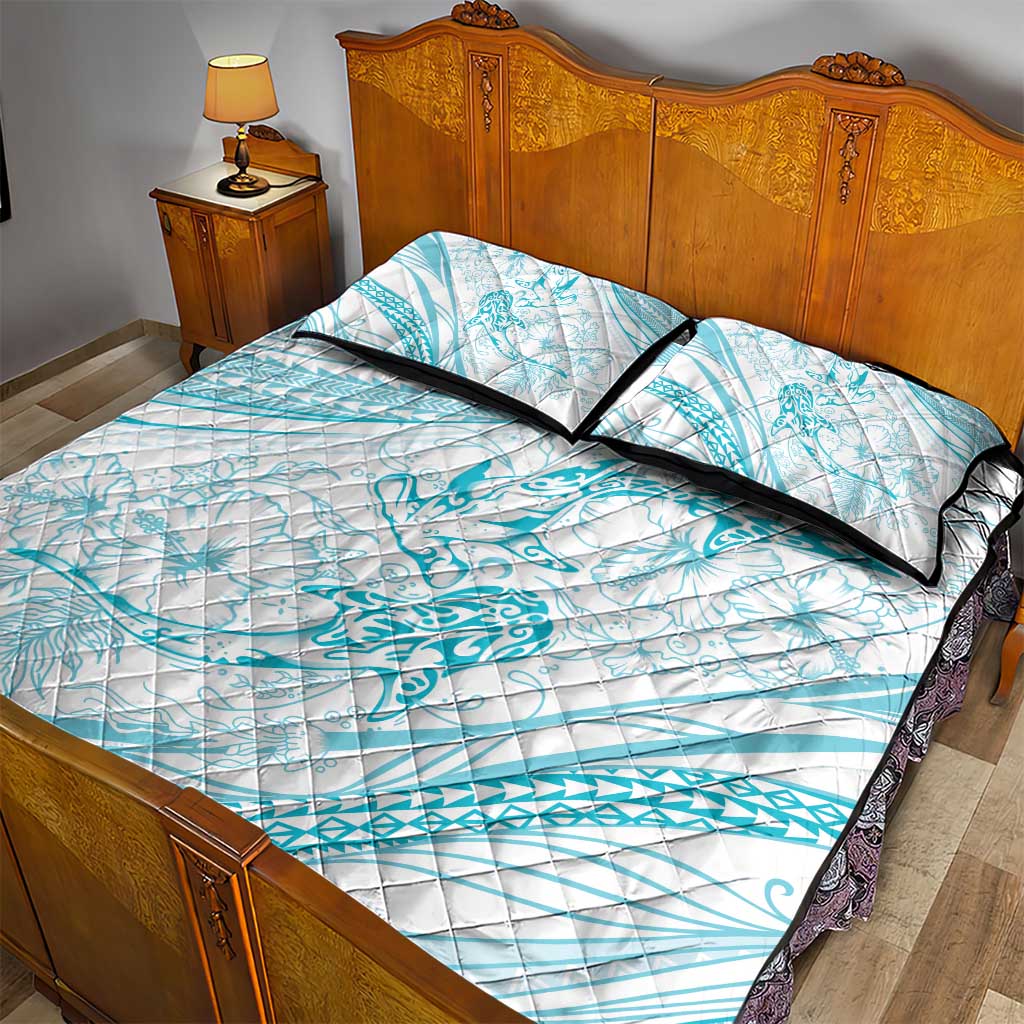 Sharks Couple Dreamy Polynesians Floral Sea Quilt Bed Set Turquoise - Polynesian Pride