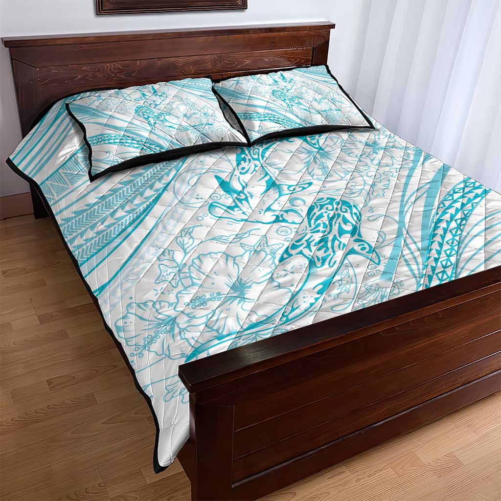 Sharks Couple Dreamy Polynesians Floral Sea Quilt Bed Set Turquoise - Polynesian Pride