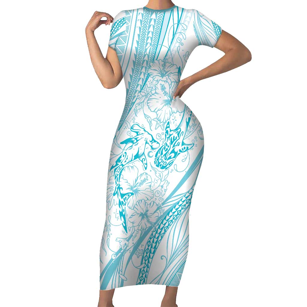 Sharks Couple Dreamy Polynesians Floral Sea Short Sleeve Bodycon Dress Turquoise - Polynesian Pride