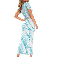 Sharks Couple Dreamy Polynesians Floral Sea Short Sleeve Bodycon Dress Turquoise - Polynesian Pride