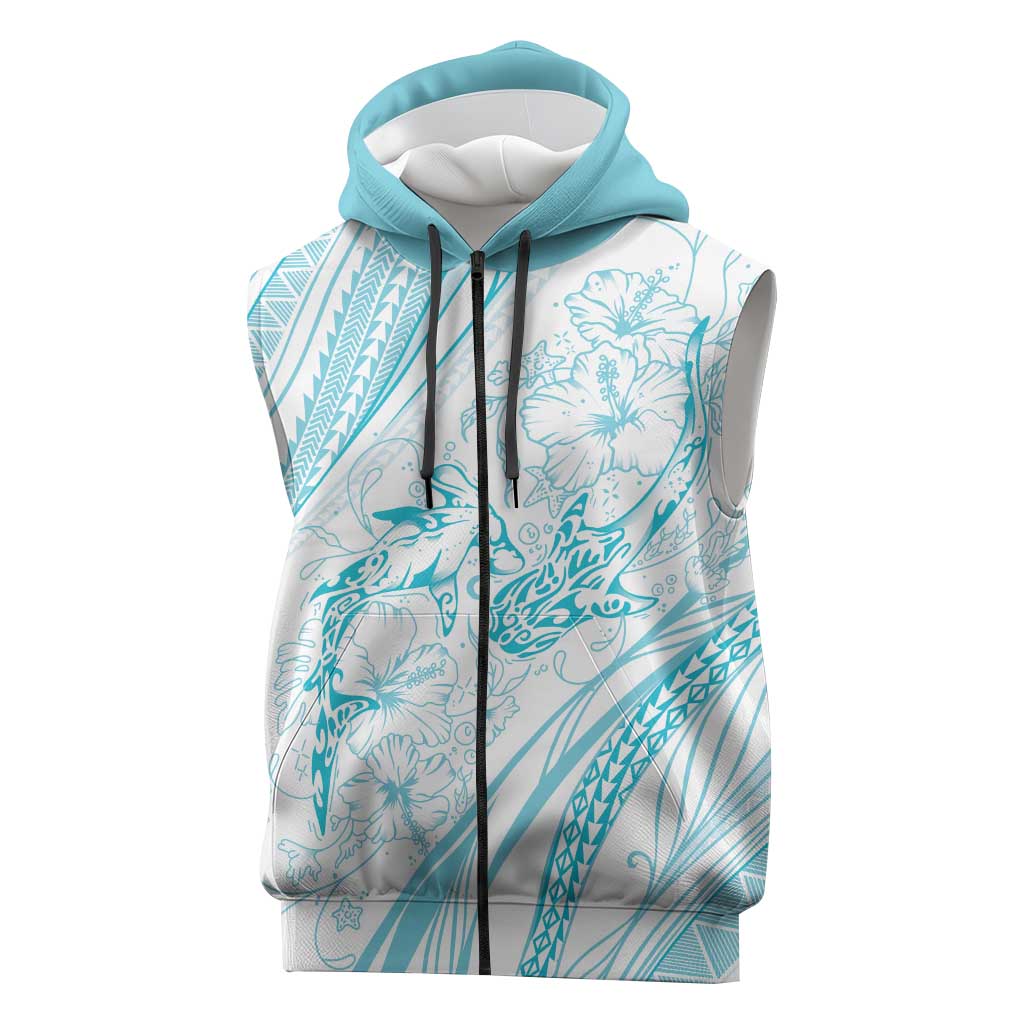 Sharks Couple Dreamy Polynesians Floral Sea Sleeveless Zip Hoodie Turquoise - Polynesian Pride