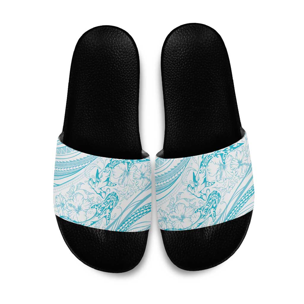 Sharks Couple Dreamy Polynesians Floral Sea Slide Sandals Turquoise - Polynesian Pride