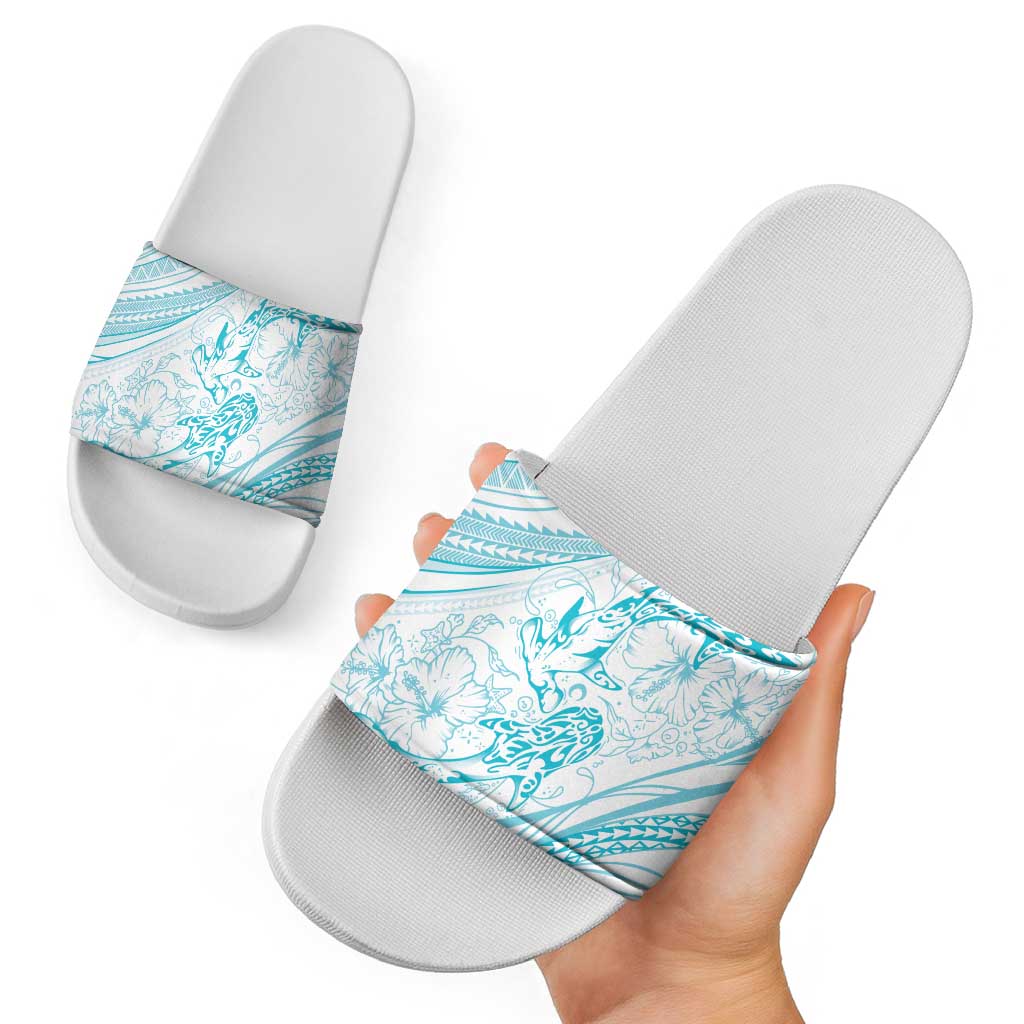 Sharks Couple Dreamy Polynesians Floral Sea Slide Sandals Turquoise - Polynesian Pride