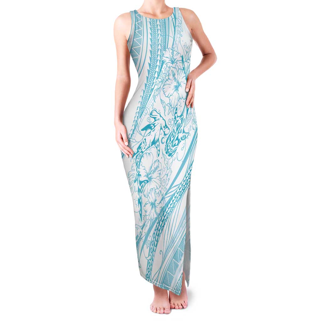 Sharks Couple Dreamy Polynesians Floral Sea Tank Maxi Dress Turquoise - Polynesian Pride
