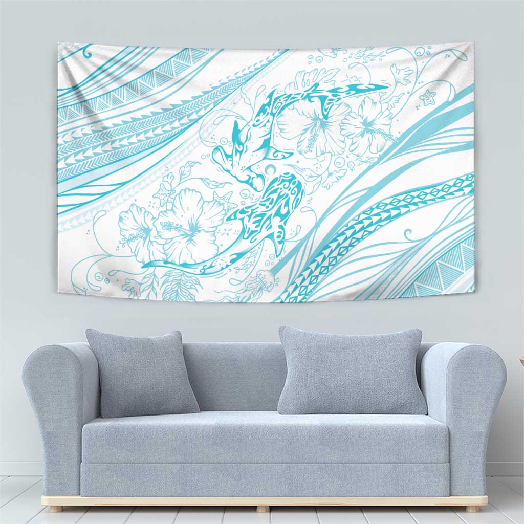 Sharks Couple Dreamy Polynesians Floral Sea Tapestry Turquoise - Polynesian Pride