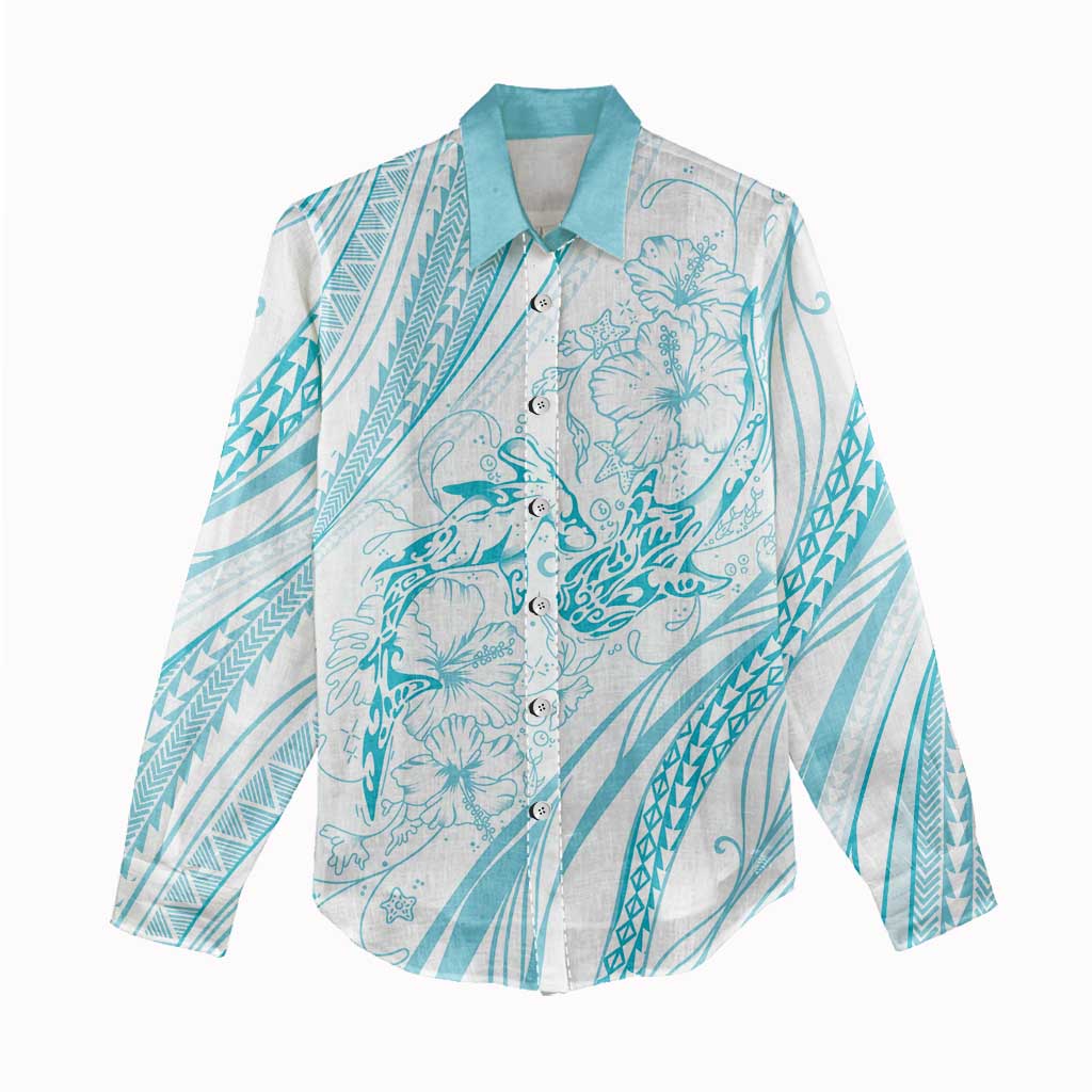 Sharks Couple Dreamy Polynesians Floral Sea Women Casual Shirt Turquoise - Polynesian Pride