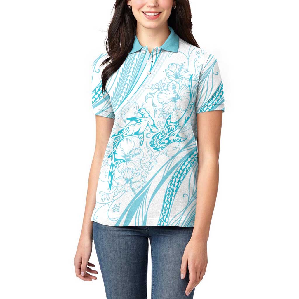 Sharks Couple Dreamy Polynesians Floral Sea Women Polo Shirt Turquoise - Polynesian Pride