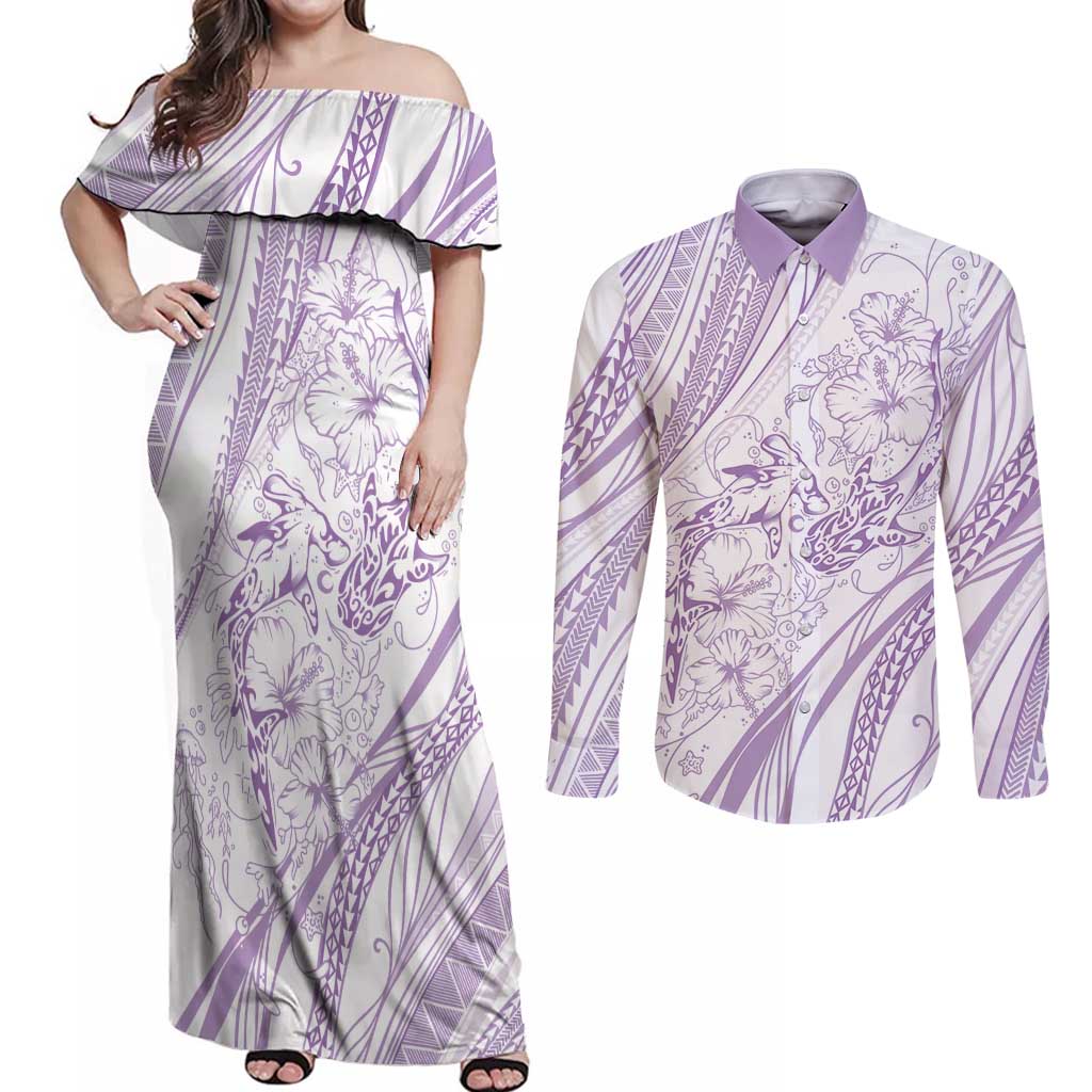 Sharks Couple Dreamy Polynesians Floral Sea Couples Matching Off Shoulder Maxi Dress and Long Sleeve Button Shirt Lilac - Polynesian Pride