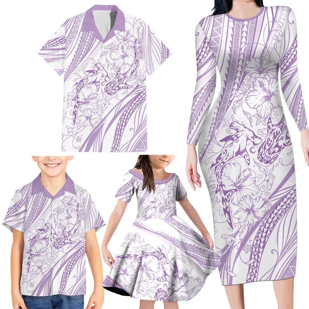 Sharks Couple Dreamy Polynesians Floral Sea Family Matching Long Sleeve Bodycon Dress and Hawaiian Shirt Lilac - Polynesian Pride