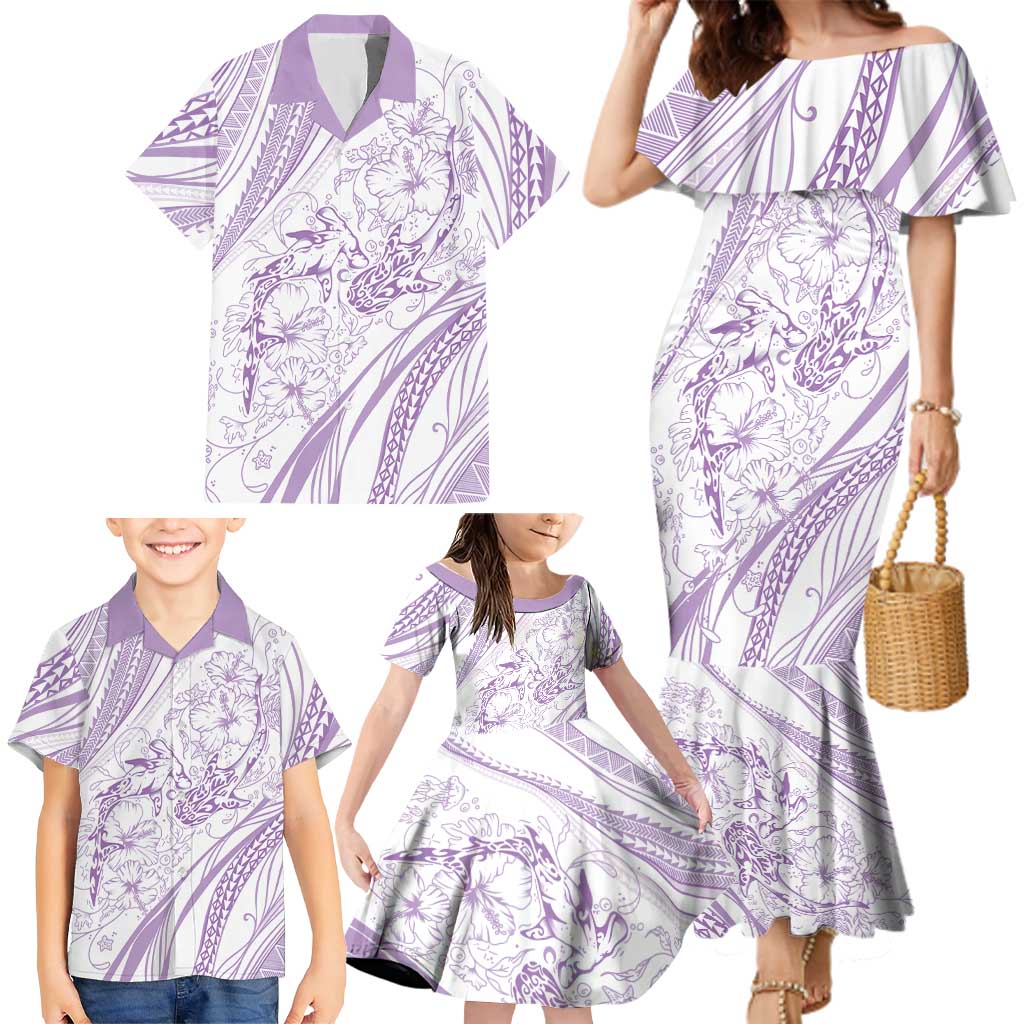 Sharks Couple Dreamy Polynesians Floral Sea Family Matching Mermaid Dress and Hawaiian Shirt Lilac - Polynesian Pride