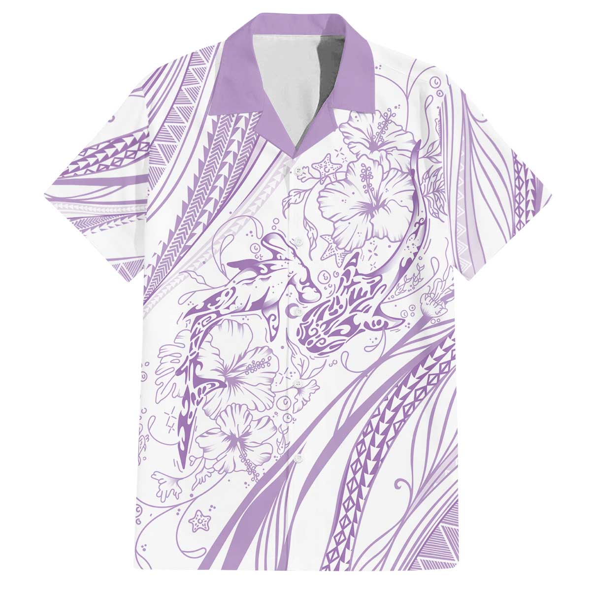 Sharks Couple Dreamy Polynesians Floral Sea Family Matching Off The Shoulder Long Sleeve Dress and Hawaiian Shirt Lilac - Polynesian Pride