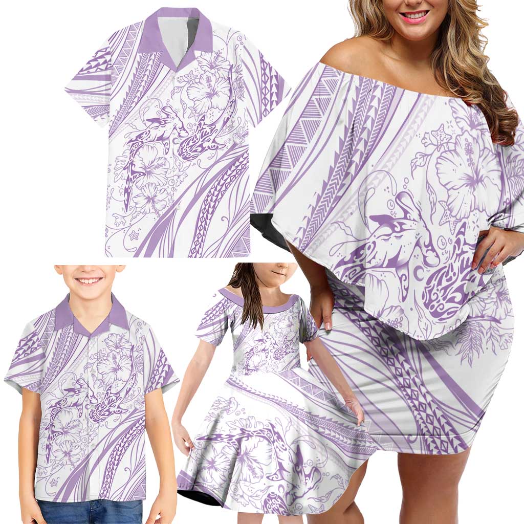 Sharks Couple Dreamy Polynesians Floral Sea Family Matching Off Shoulder Short Dress and Hawaiian Shirt Lilac - Polynesian Pride