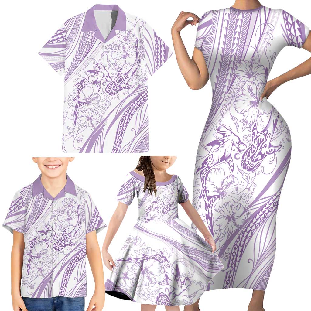 Sharks Couple Dreamy Polynesians Floral Sea Family Matching Short Sleeve Bodycon Dress and Hawaiian Shirt Lilac - Polynesian Pride