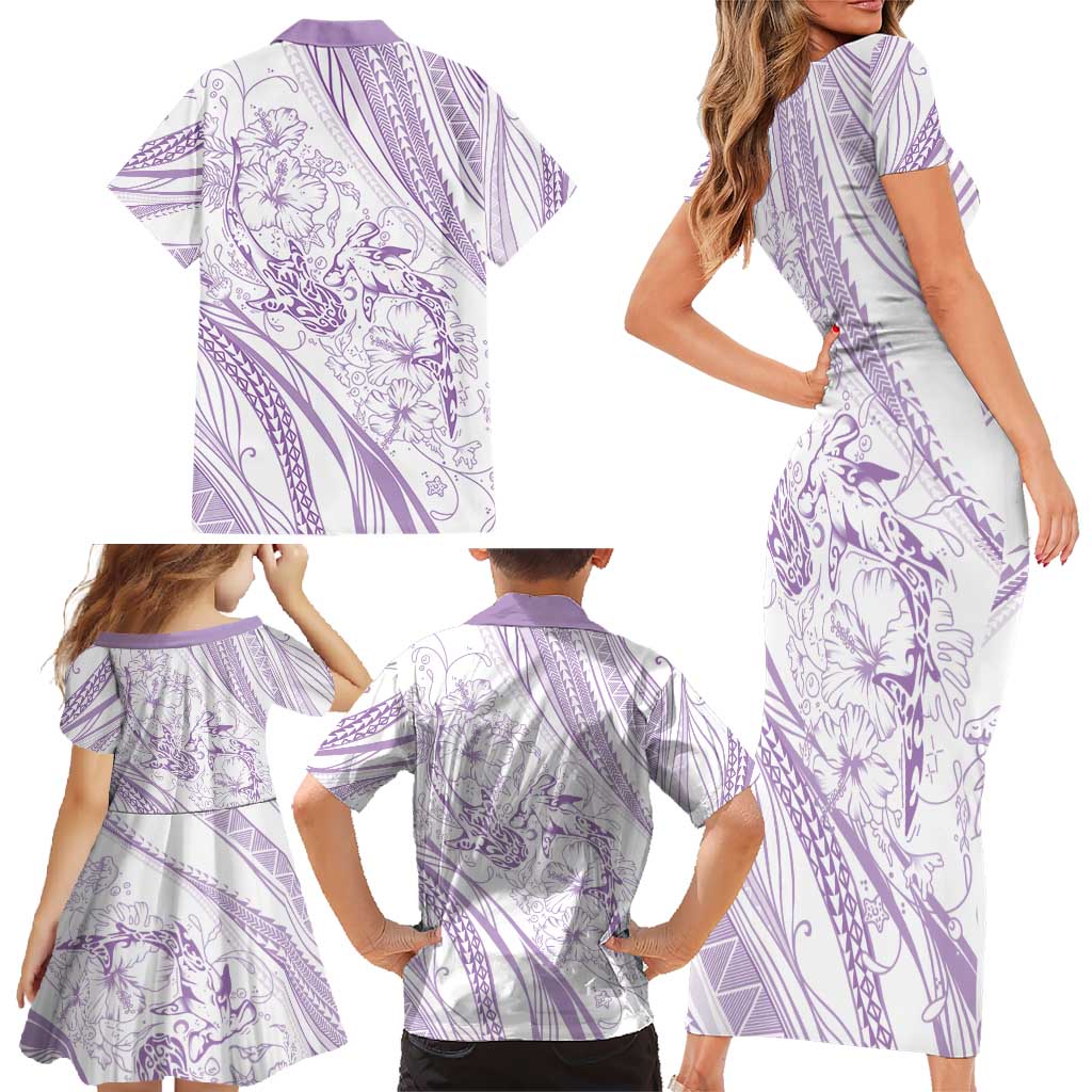 Sharks Couple Dreamy Polynesians Floral Sea Family Matching Short Sleeve Bodycon Dress and Hawaiian Shirt Lilac - Polynesian Pride