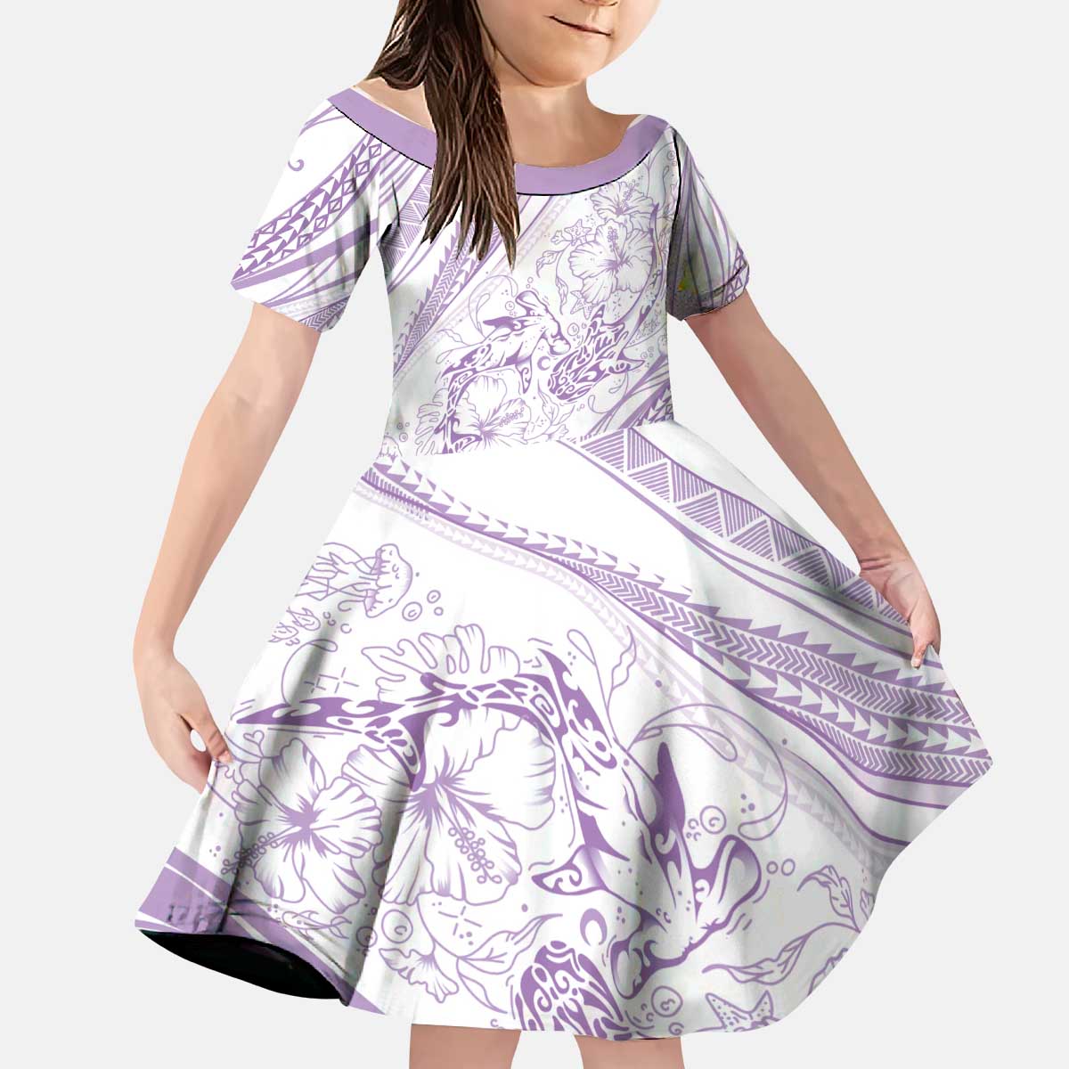 Sharks Couple Dreamy Polynesians Floral Sea Kid Short Sleeve Dress Lilac - Polynesian Pride