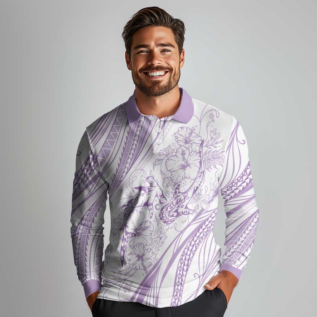 Sharks Couple Dreamy Polynesians Floral Sea Long Sleeve Polo Shirt Lilac - Polynesian Pride