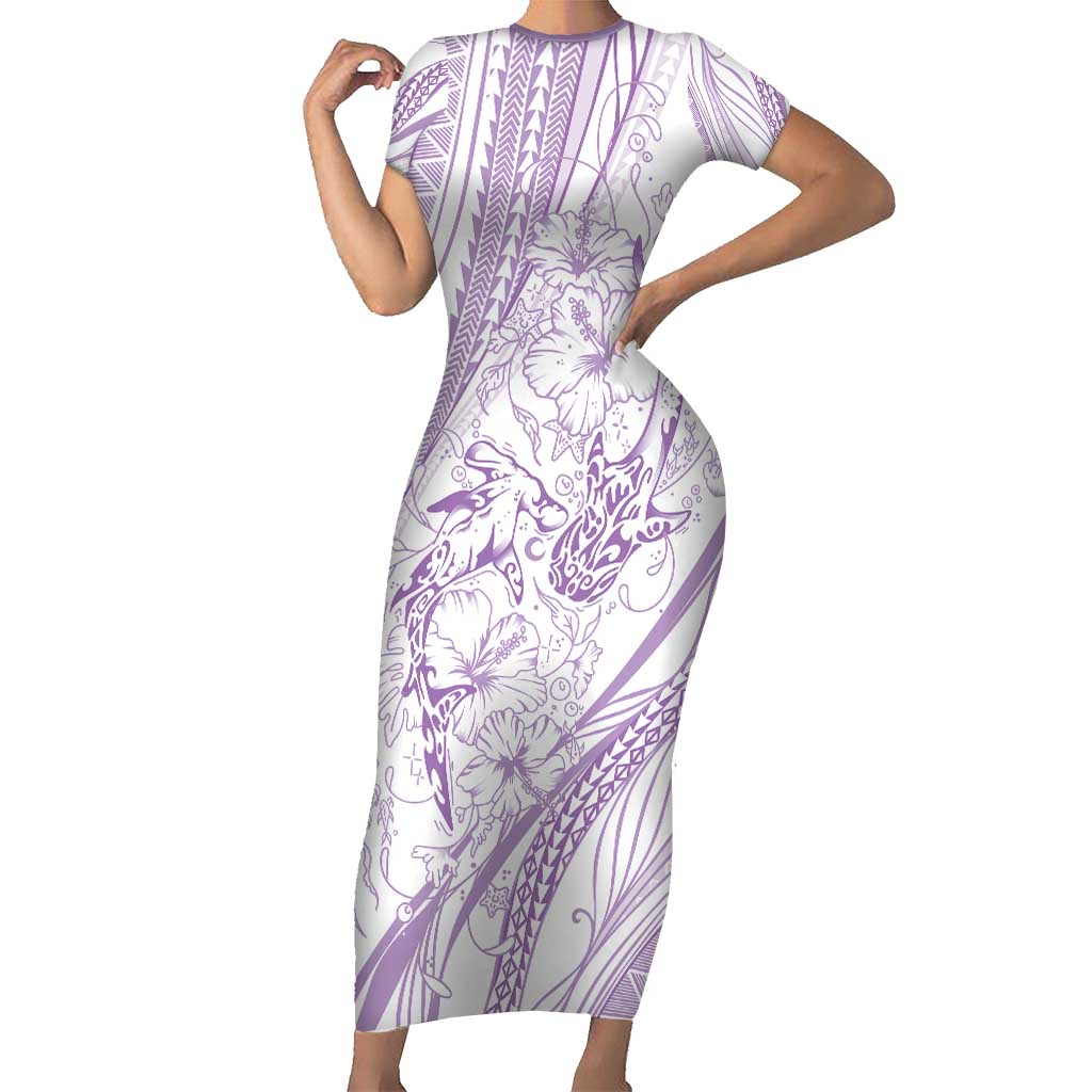 Sharks Couple Dreamy Polynesians Floral Sea Short Sleeve Bodycon Dress Lilac - Polynesian Pride