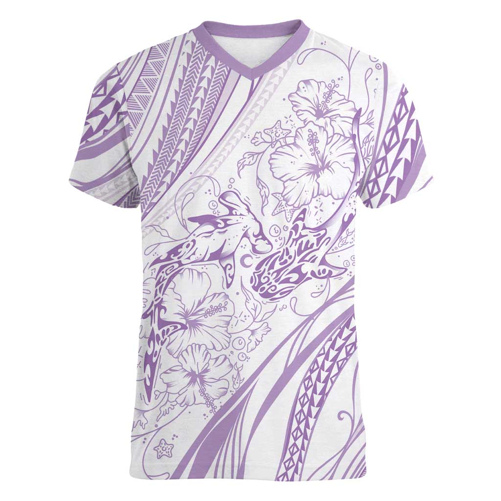 Sharks Couple Dreamy Polynesians Floral Sea Women V-Neck T-Shirt Lilac - Polynesian Pride
