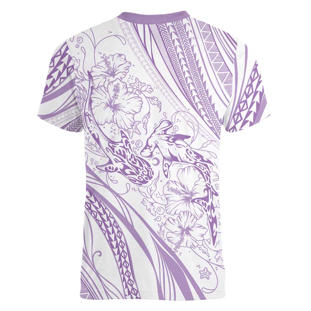 Sharks Couple Dreamy Polynesians Floral Sea Women V-Neck T-Shirt Lilac - Polynesian Pride
