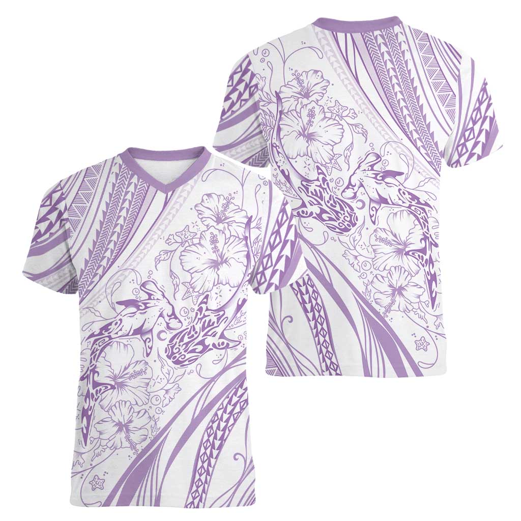 Sharks Couple Dreamy Polynesians Floral Sea Women V-Neck T-Shirt Lilac - Polynesian Pride