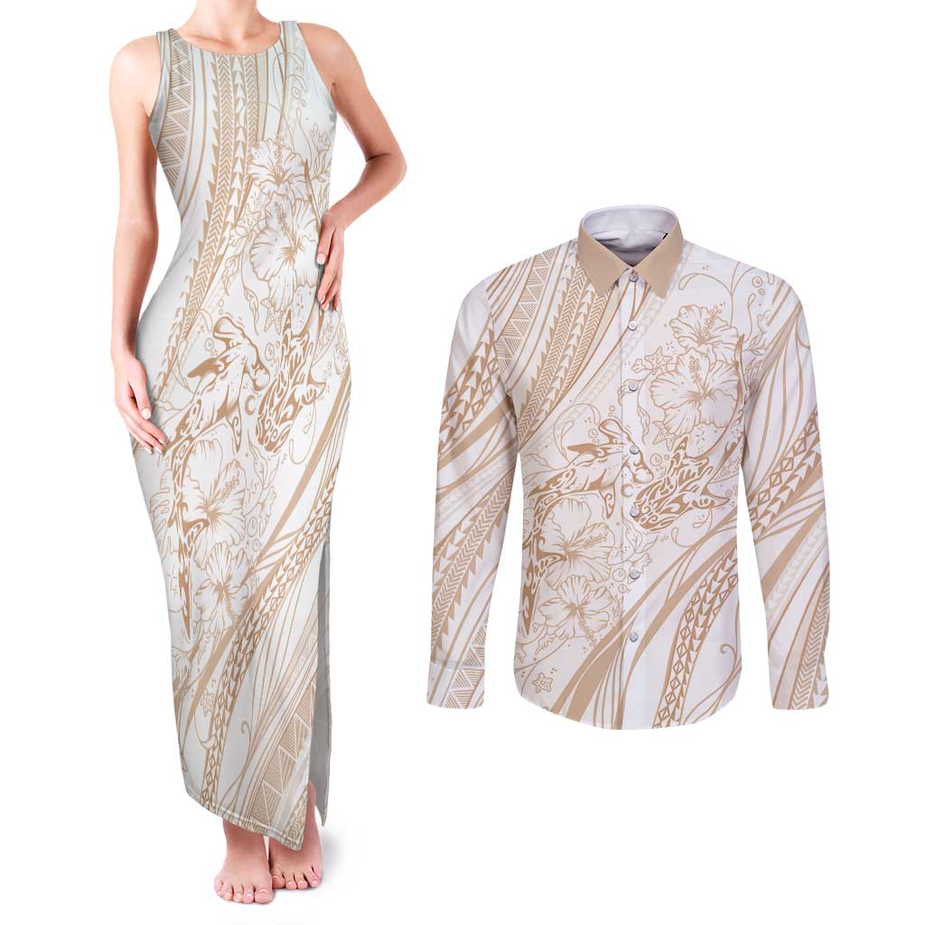 Sharks Couple Dreamy Polynesians Floral Sea Couples Matching Tank Maxi Dress and Long Sleeve Button Shirt Hazel - Polynesian Pride