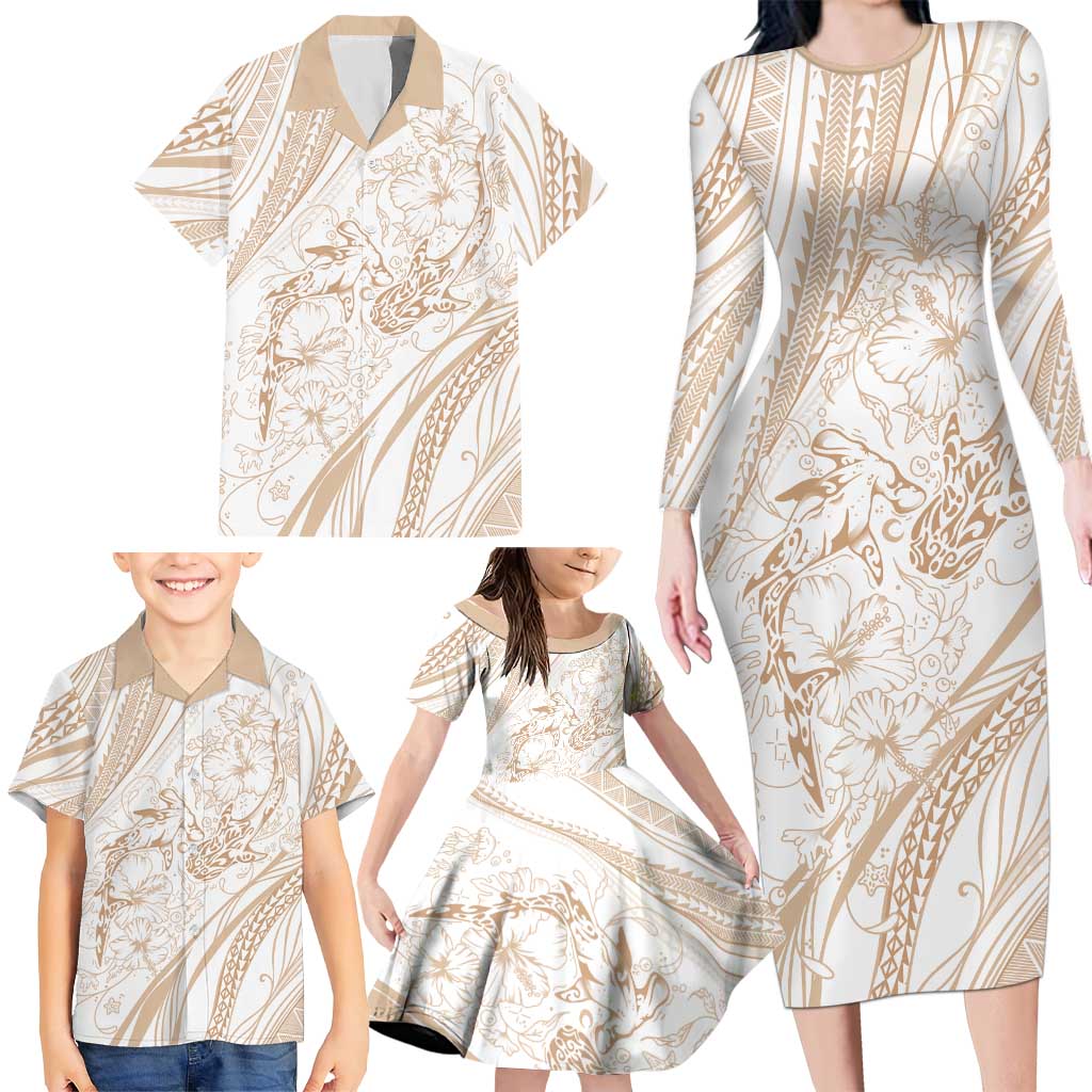 Sharks Couple Dreamy Polynesians Floral Sea Family Matching Long Sleeve Bodycon Dress and Hawaiian Shirt Hazel - Polynesian Pride