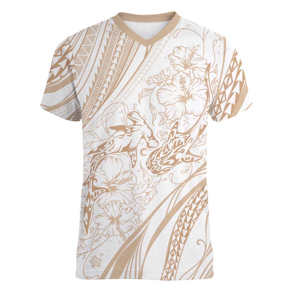 Sharks Couple Dreamy Polynesians Floral Sea Women V-Neck T-Shirt Hazel - Polynesian Pride