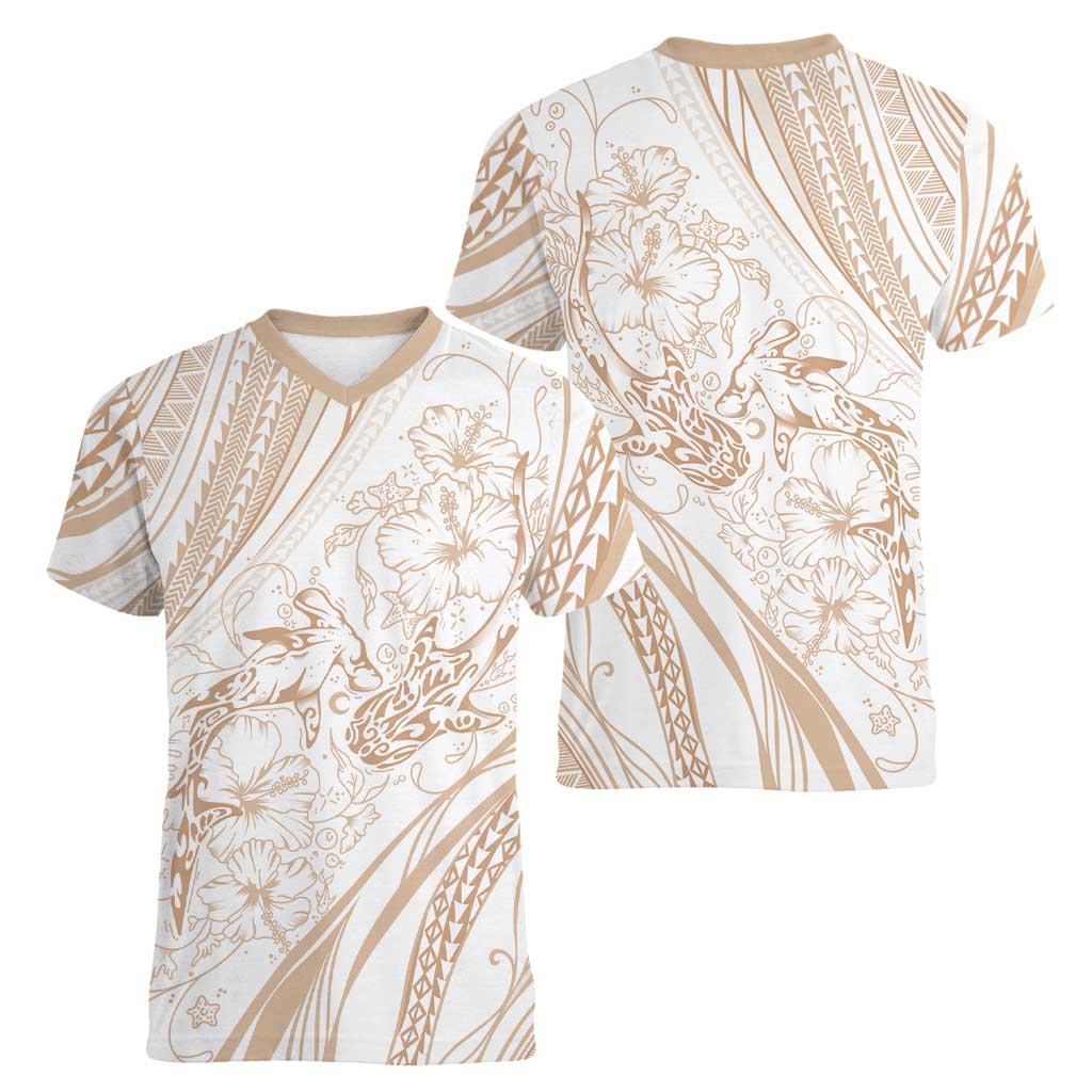 Sharks Couple Dreamy Polynesians Floral Sea Women V-Neck T-Shirt Hazel - Polynesian Pride