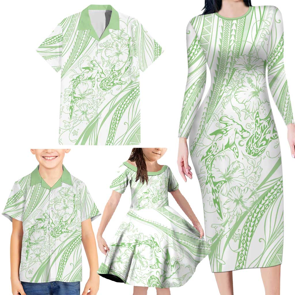 Sharks Couple Dreamy Polynesians Floral Sea Family Matching Long Sleeve Bodycon Dress and Hawaiian Shirt Emerald - Polynesian Pride