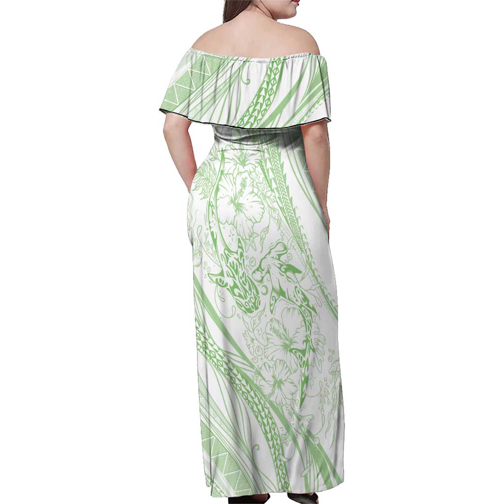 Sharks Couple Dreamy Polynesians Floral Sea Family Matching Off Shoulder Maxi Dress and Hawaiian Shirt Emerald - Polynesian Pride